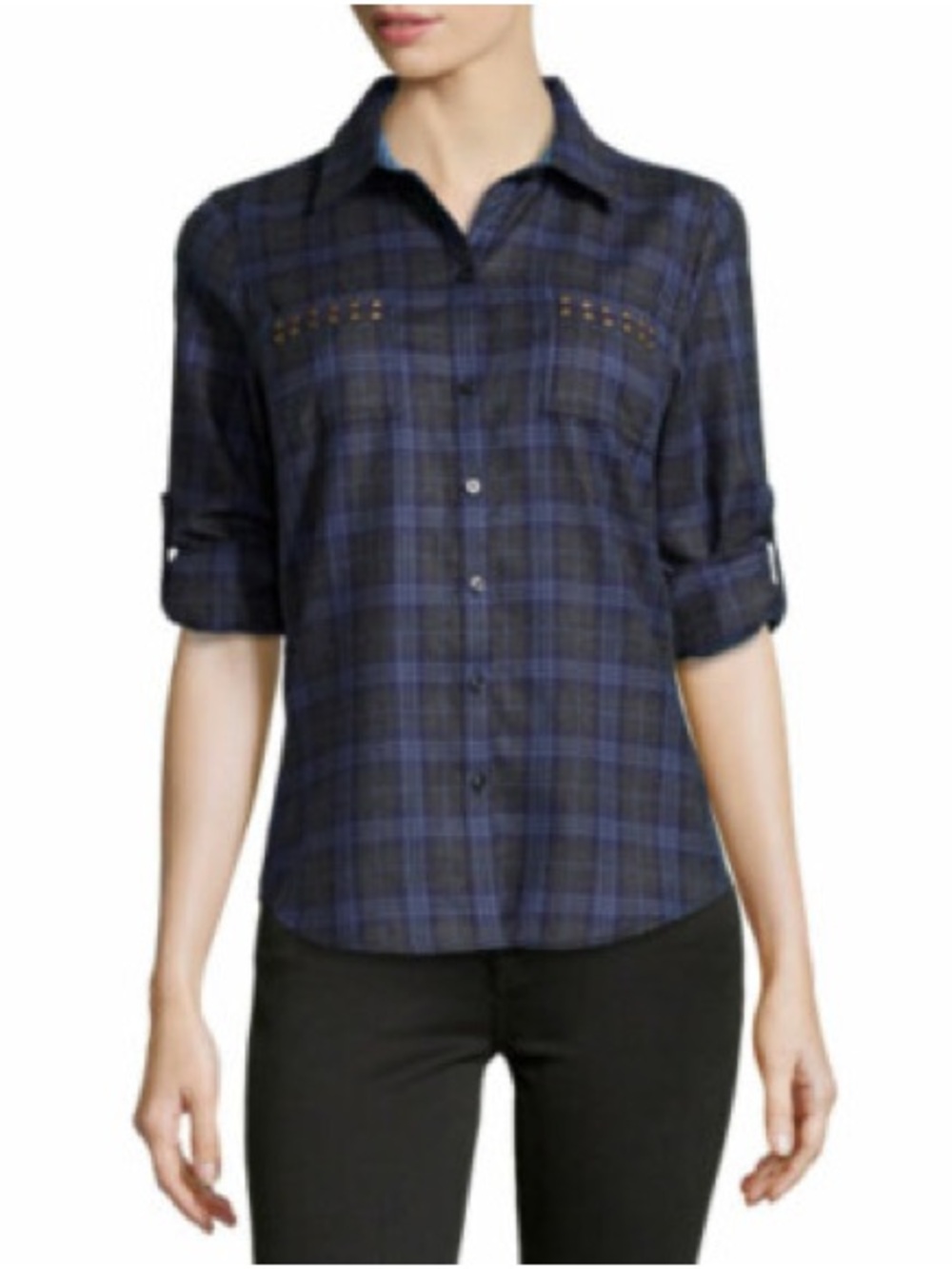 Robert Graham Navy Black Plaid Stud-Detailed Button-Down Shirt size L